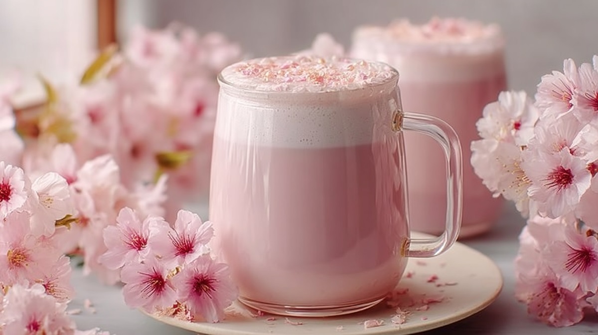 Zwei Gläser Sakura Latte mit Kirchblüten drumherum