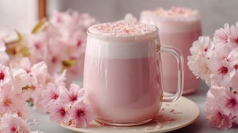 Zwei Gläser Sakura Latte mit Kirchblüten drumherum