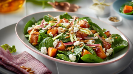 Salat mit gebackenem Rhabarber auf einem Teller. Im Hintergrund sieht man Öl, weitere Sonnenblumenkerne und noch einen Teller mit dem Salat. Neben dem Teller liegt ein Tuch mit einigen Sonnenblumenkernen.