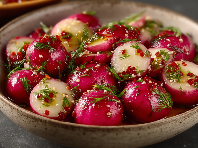 Eine Schüssel schnell eingelegte Radieschen, garniert mit Dill.