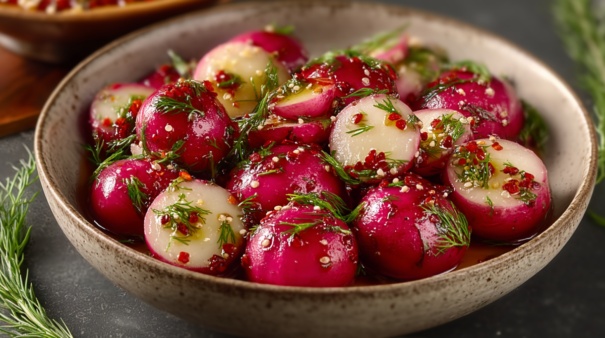Eine Schüssel schnell eingelegte Radieschen, garniert mit Dill.