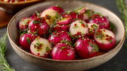Eine Schüssel schnell eingelegte Radieschen, garniert mit Dill.