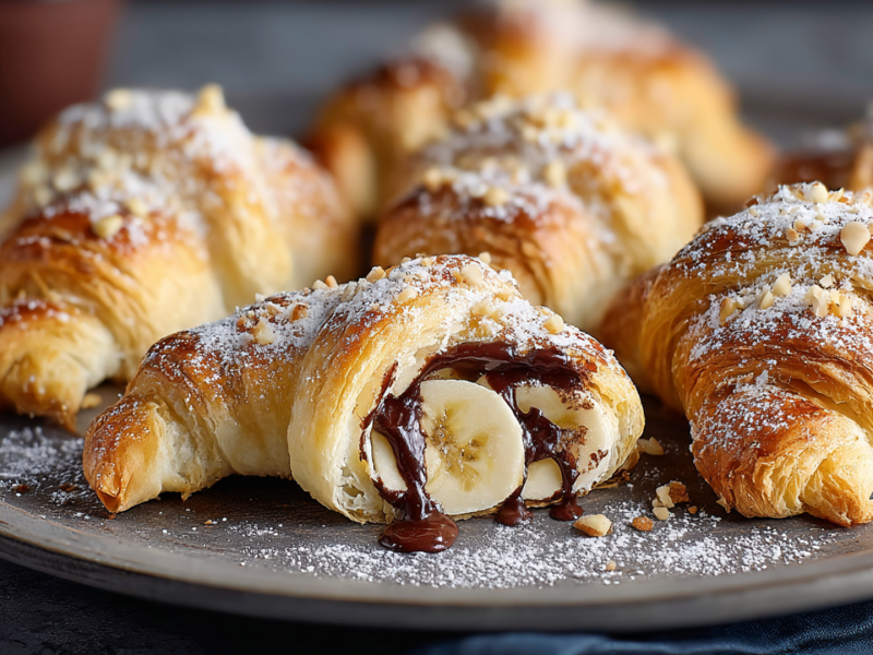 Ein Teller mit einigen Schoko-Bananen-Croissants, die mit gehackten Haselnüssen und Puderzucker bestreut sind. Eines liegt aufgeschnitten auf dem Teller, sodass man flüssige Schokolade und Bananen sehen kann.