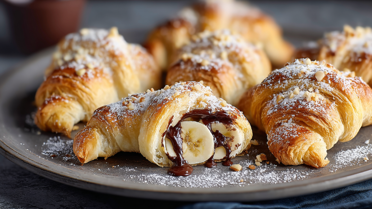 Ein Teller mit einigen Schoko-Bananen-Croissants, die mit gehackten Haselnüssen und Puderzucker bestreut sind. Eines liegt aufgeschnitten auf dem Teller, sodass man flüssige Schokolade und Bananen sehen kann.