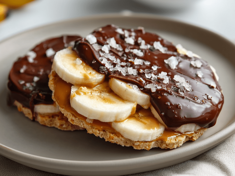 Zwei Schokoladen-Reiswaffeln liegen auf einem grauen Teller. Sie sind mit Erdnussbutter, Bananen, Schokolade und groben Salzkörnern belegt. Im Hintergrund sieht man noch zwei Bananen liegen.
