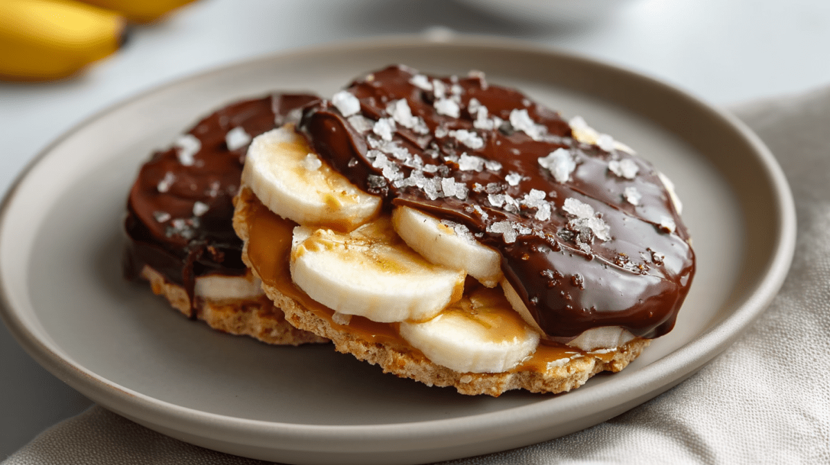 Zwei Schokoladen-Reiswaffeln liegen auf einem grauen Teller. Sie sind mit Erdnussbutter, Bananen, Schokolade und groben Salzkörnern belegt. Im Hintergrund sieht man noch zwei Bananen liegen.