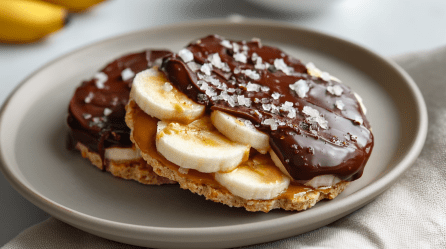 Zwei Schokoladen-Reiswaffeln liegen auf einem grauen Teller. Sie sind mit Erdnussbutter, Bananen, Schokolade und groben Salzkörnern belegt. Im Hintergrund sieht man noch zwei Bananen liegen.
