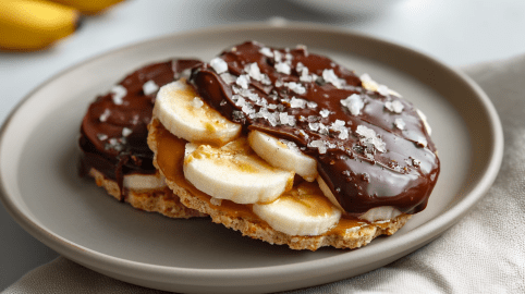 Zwei Schokoladen-Reiswaffeln liegen auf einem grauen Teller. Sie sind mit Erdnussbutter, Bananen, Schokolade und groben Salzkörnern belegt. Im Hintergrund sieht man noch zwei Bananen liegen.