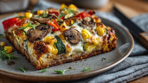 Ein Stück Schüttelpizza mit Gemüse auf einem Teller, Nahaufnahme.