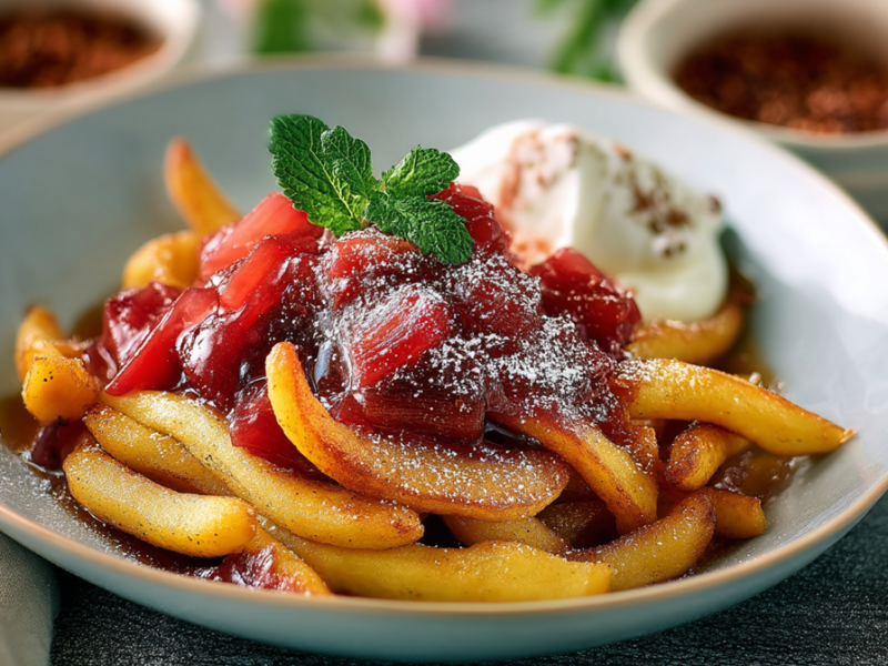 Ein Teller mit Schupfnudeln mit Rhabarberkompott und Vanille-Quark.