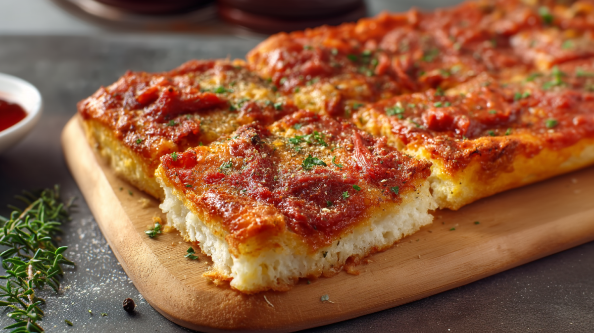Eine in Stücke geschnittene Sfincione auf einem Holzbrett. Links neben dem Brett liegt Pfeffer, Rosmarin und ein Schälchen mit Tomatensoße.
