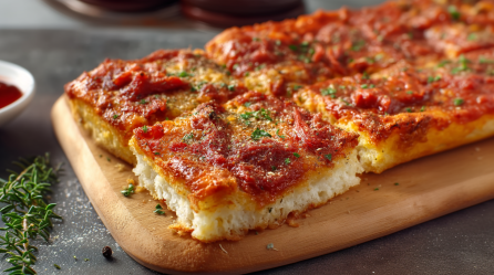 Eine in Stücke geschnittene Sfincione auf einem Holzbrett. Links neben dem Brett liegt Pfeffer, Rosmarin und ein Schälchen mit Tomatensoße.