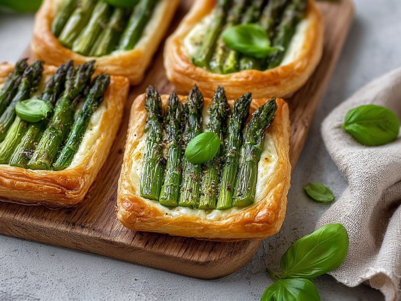 4 Spargel-Blätterteig-Tartes mit Käse auf einem Holzbrett, daneben ein Stofftuch und Basilikumblätter.