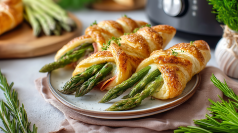 Drei Blätterteig-Spargeltaschen liegen auf einem grauen Teller. Der Teller steht auf einem Tuch. Im Vordergrund sieht man etwas frischen Rosmarin. Im Hintergrund steht ein Airfryer und man sieht noch mehr Spargelstangen.