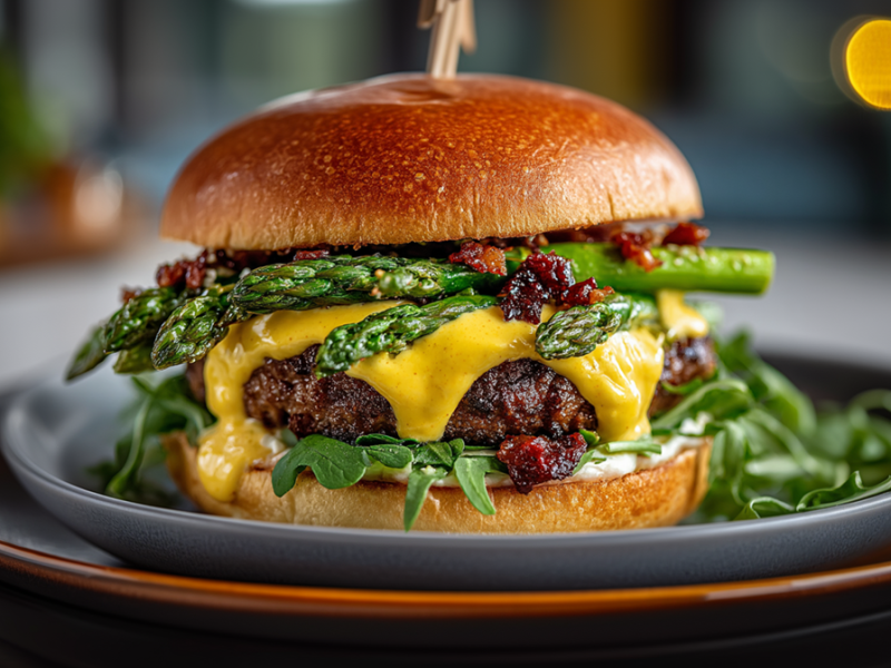 Ein Spargel-Burger, der auf einem dunkelgrauen Teller angerichtet ist, der auf einem größeren dunkelbraunen Teller steht. Der Hintergrund ist verschwommen.