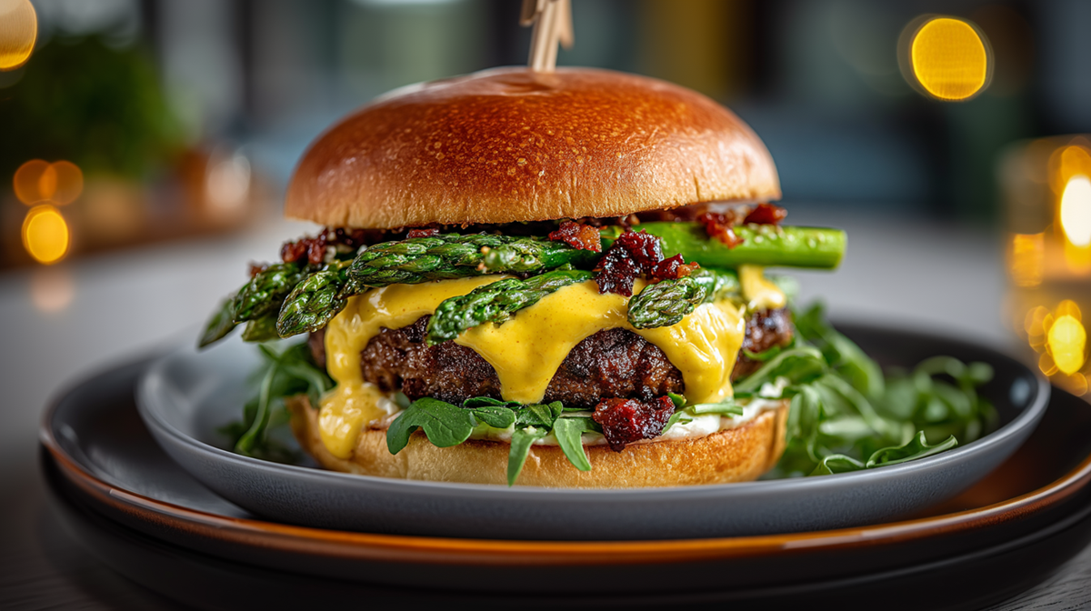 Ein Spargel-Burger, der auf einem dunkelgrauen Teller angerichtet ist, der auf einem größeren dunkelbraunen Teller steht. Der Hintergrund ist verschwommen.