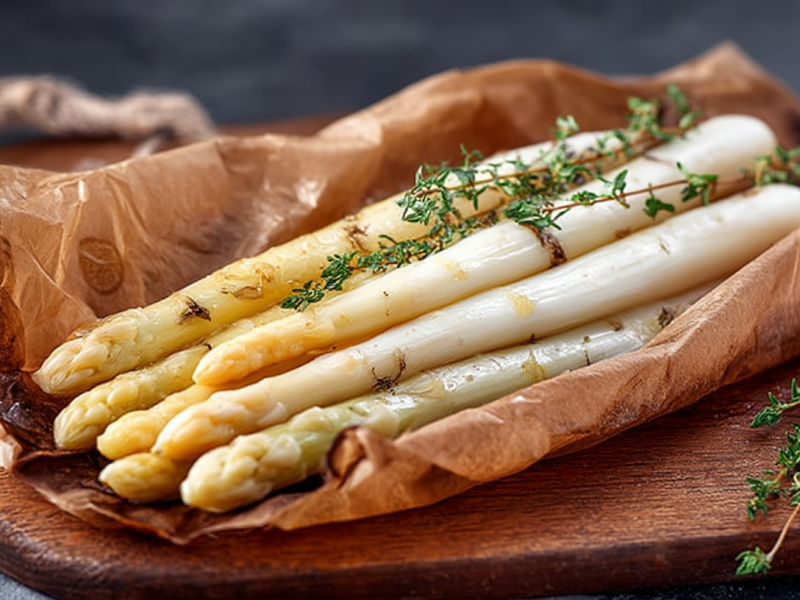 Spargel en papillote: SPargelstangen, in Backpapier eingeschlagen und mit Thymian gebacken.