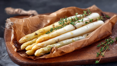 Spargel en papillote: SPargelstangen, in Backpapier eingeschlagen und mit Thymian gebacken.