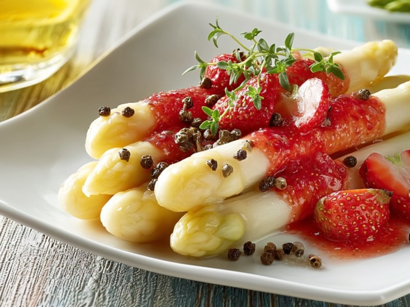 Marinierter Spargel mit Erdbeersoße auf einem Teller.