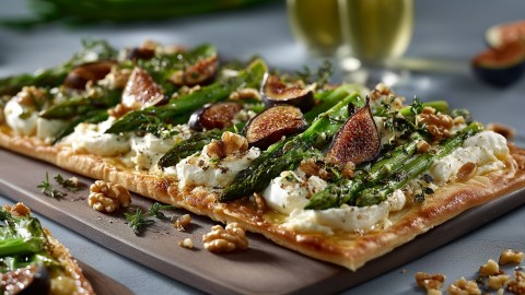 Ein dunkles Brett, auf dem ein Spargel-Flammkuchen mit Feigen und Camembert liegt. Ringsum liegen ein paar zerkleinerte Walnüsse und frische Kräuter. Im Hintergrund kann man zwei Gläser mit Weißwein und eine aufgeschnittene Feige erahnen.