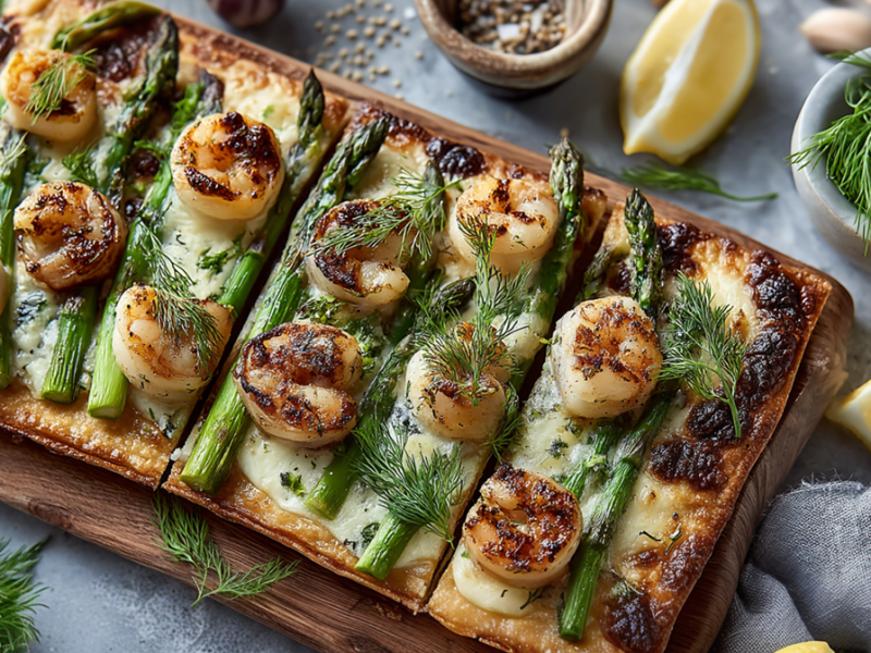 Ein Holzbrett mit einem aufgeschnittenen Spargel-Flammkuchen mit Garnelen, der mit frischem Dill garniert ist. Ringsum liegen Zitronenstücke, frischer Dill sowie eine Schale mit Pfefferkörnern.