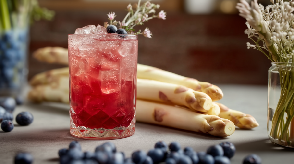 Ein Glas mit Spargel-Gin steht in der Mitte des Bildes. Im Hintergrund liegen einige Spargelstangen. Um das Glas herum liegen einige Blaubeeren verteilt.