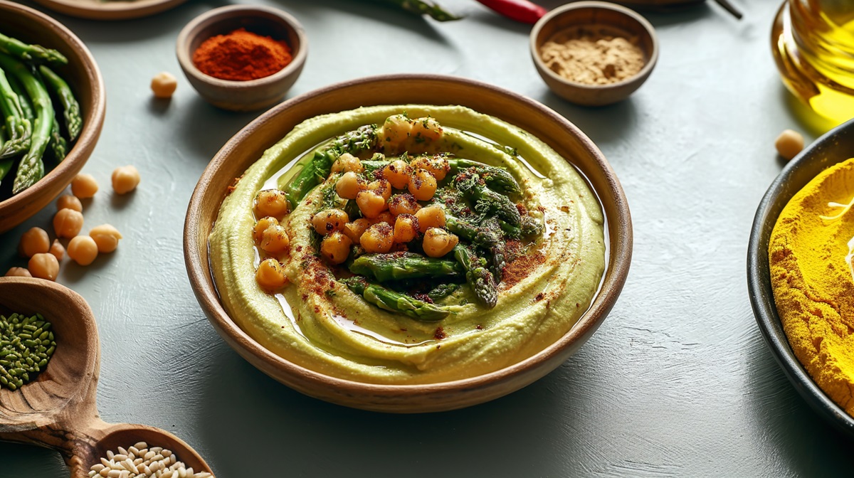 Schale mit Spargel-Hummus auf einem Tisch, Zutaten daneben