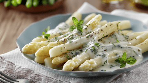 Spargel in Basilikum-Rahmsoße auf einem blauen Teller.