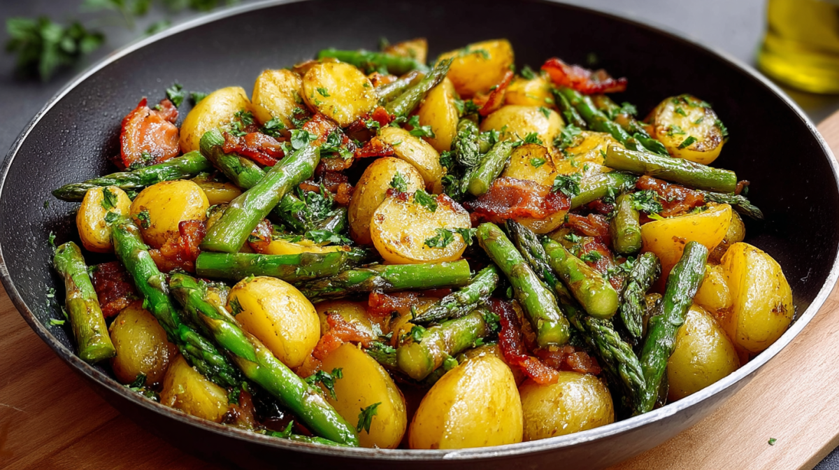 Eine Spargel-Kartoffel-Pfanne mit Speck und mit Petersilie garniert.