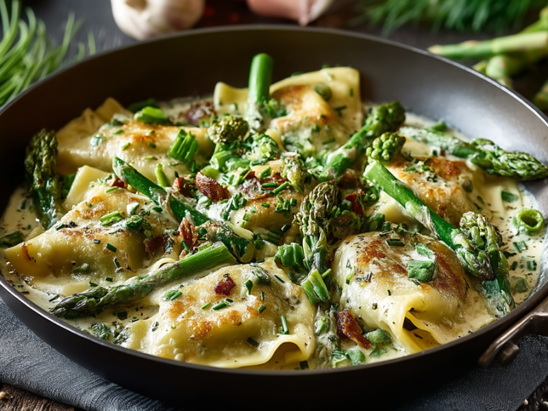 Eine Spargel-Maultaschen-Pfanne, die auf einem Stoffuntersetzer steht. Ringsum liegen einige Zutaten, unter anderem, grüner Spargel, Knoblauch und Schnittlauch verteilt.