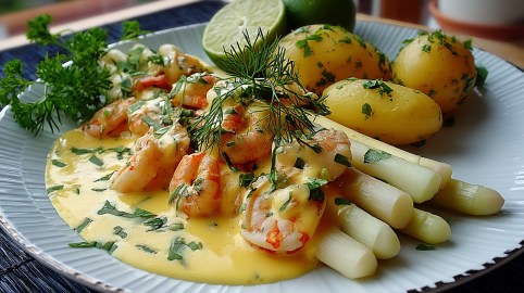 Teller mit Spargel mit Garnelen, Sauce hollandaise und Pellkartoffeln.