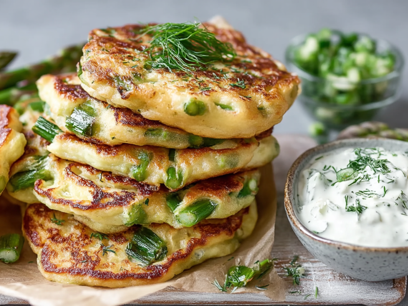 Ein Teller mit einem Stapel Spargel-Pancakes, die mit einem Schälchen Joghurt-Kräuter-Dip serviert werden. Es sind außerdem ein paar einzelne Spargelstangen auf dem Teller und eine Schale mit Kräutern im Hintergrund erkennbar.