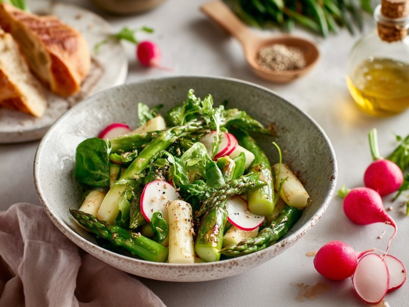 Teller mit Spargel-Radieschen-Salat, Zutaten daneben