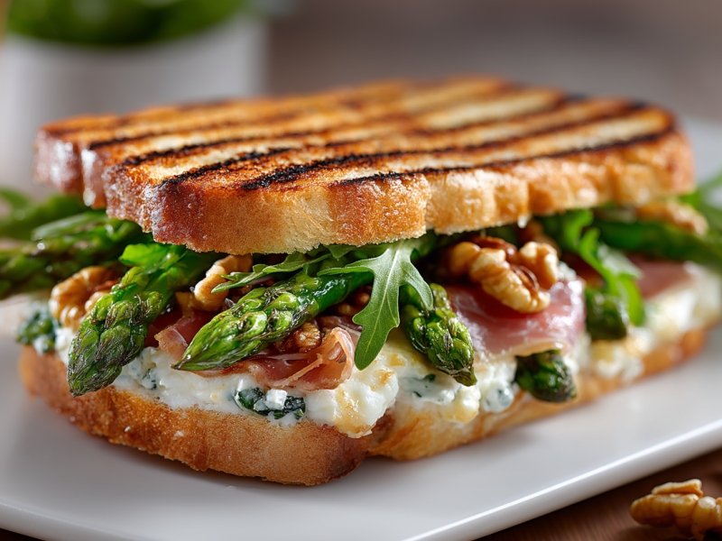 Ein Spargel-Sandwich vom Kontaktgrill auf einem weißen Teller serviert. Vor dem Teller liegen 2 Walnüsse.