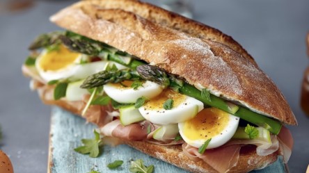 Ein Spargel-Schinken-Sandwich mit Ei.