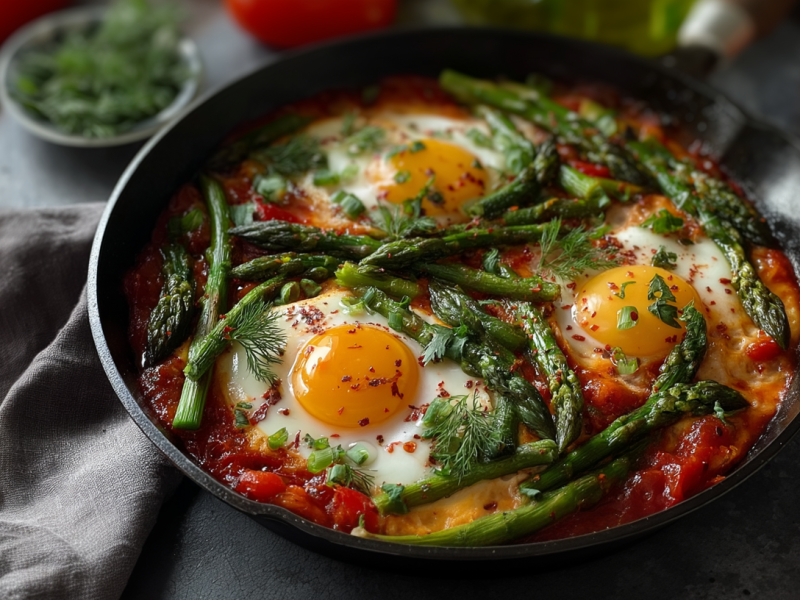 Eine Spargel-Shakshuka in einer Pfanne mit drei Eiern. Um die Pfanne herum liegen mehrere Tomaten verteilt. Die Pfanne steht auf einem grauen Küchentuch.