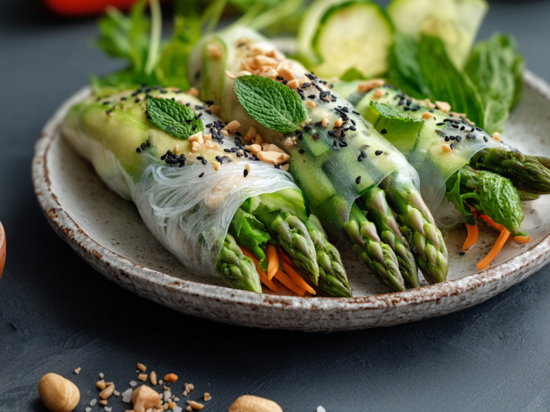 Drei Spargel-Sommerrollen liegen auf einem grauen Teller. Sie sind mit etwas Sesam sowie ghackten Erdnüssen bestreut. Vor dem Teller liegen ein paar weitere Erdnüssen. Um den grauen Teller herum stehen Schalen mit Zutaten. Links gehackte Erdnüsse, im Hintergrund Salat, rechts Salz. Außerdem liegt rechts noch eine aufgeschnittene Limette.