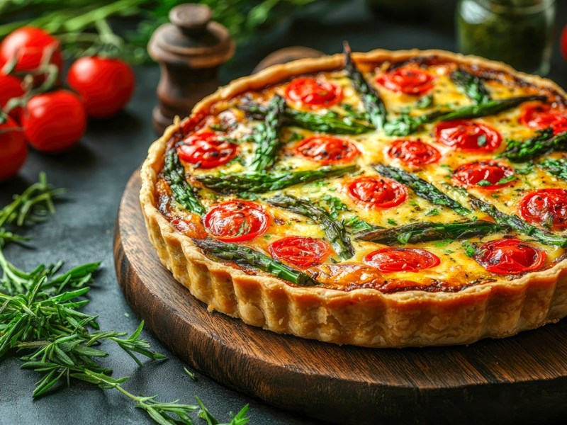 Spargel-Tomaten-Quiche auf einem Holzbrett