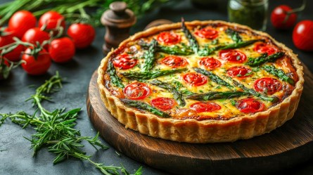 Spargel-Tomaten-Quiche auf einem Holzbrett