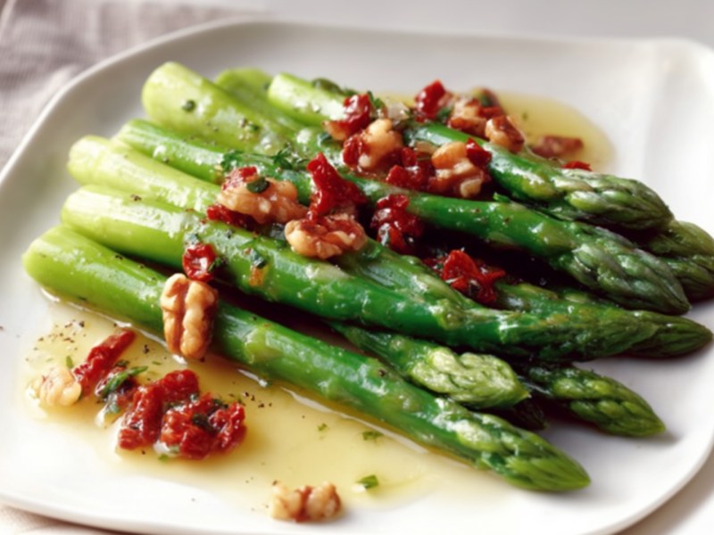 Ein Teller mit grünem Spargel mit Walnuss-Vinaigrette.