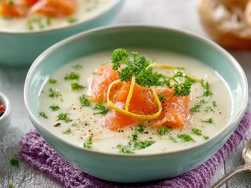 Schale mit Spargelcremesuppe mit Zitrone und Lachs