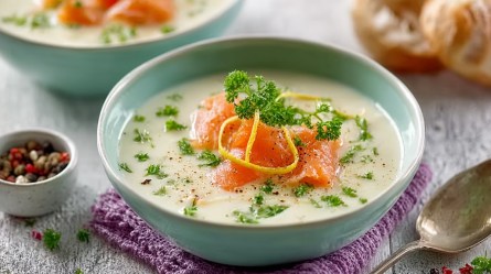 Schale mit Spargelcremesuppe mit Zitrone und Lachs