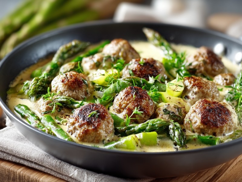 Spargelpfanne mit Frikadellen, die Pfanne steht auf einem Holzbrett, drumherum einige Zutaten.