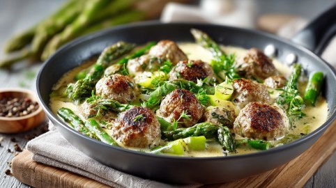 Spargelpfanne mit Frikadellen, die Pfanne steht auf einem Holzbrett, drumherum einige Zutaten.