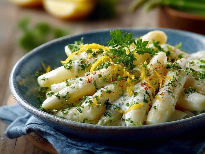 Cremiges Spargelragout in einer blauen Schüssel. Es ist angerichtet mit Zitronenzeste.