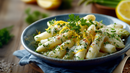 Cremiges Spargelragout in einer blauen Schüssel. Es ist angerichtet mit Zitronenzeste.