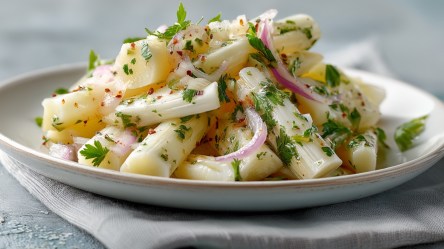 Ein Teller voll Spargelsalat mit Zwiebeln und Petersilie.