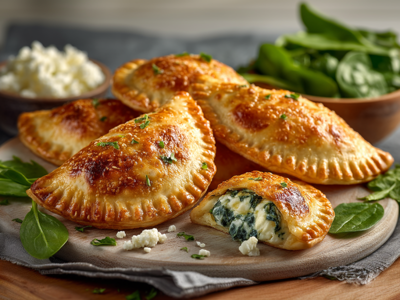 Seches Spinat-Ricotta-Panzerotti liegen auf einem Holzuntersetzer. Eine ist aufgeschnitten und gibt den Blick auf die Füllung frei. Um sie herum verteilt liegt frische Spinat und im Hintergrund ein Schälchen mit Ricotta.