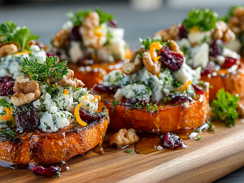 Ein Holzbrett auf dem einige Süßkartoffel-Gorgonzola-Bites, die außerdem Cranberrys, Petersilie und Walnüsse enthalten, angerichtet sind.