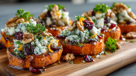 Ein Holzbrett auf dem einige Süßkartoffel-Gorgonzola-Bites, die außerdem Cranberrys, Petersilie und Walnüsse enthalten, angerichtet sind.